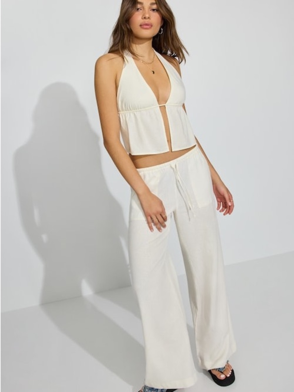 Garage Linen Tie Back Halter Top - Snow White (M)